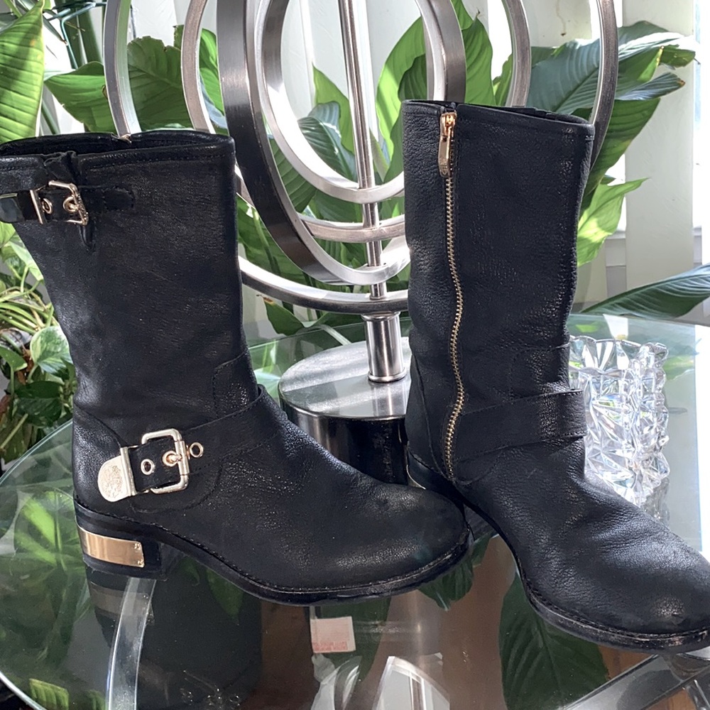 Vince Camuto Black Leather Mid-Calf Moto boot with Gold Metal Buckles Size 6.5
